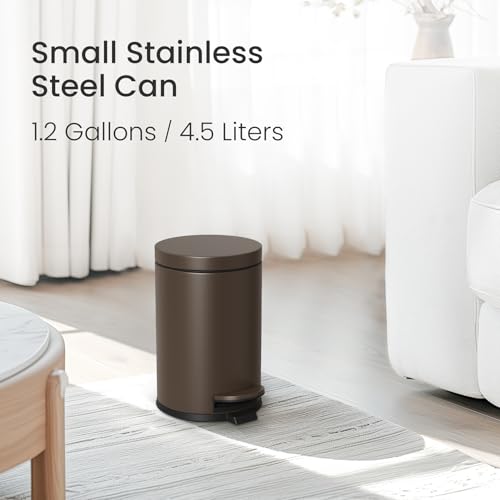 Image of Cesun 1.2 Gallons Small Brown Trash Can, Bathroom Garbage Can with Lid and Foot Pedal, Mini Round Wastebasket for Bathroom, Bedroom, Office, 4.5 Liters / 1.2 Gallons, Brown