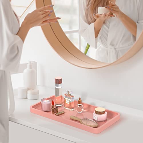 Image of Bathroom Vanity Tray for Countertop - Bamboo Organizer Tray for Dresser Tops, Toilet, Perfume Small Decorative Tray Wood Tray for Home Decoration 11.81 inch L x 6.1 inch W x 0.79 inch H (Pink)