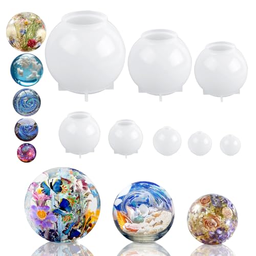 KISREL Sphere Resin Molds 8 PCS Sphere Silicone Mold Upgraded 3D Seamless Epoxy MoldsLarge Ball Shape Flower Resin Mold for Home Decor Flowers Preservation