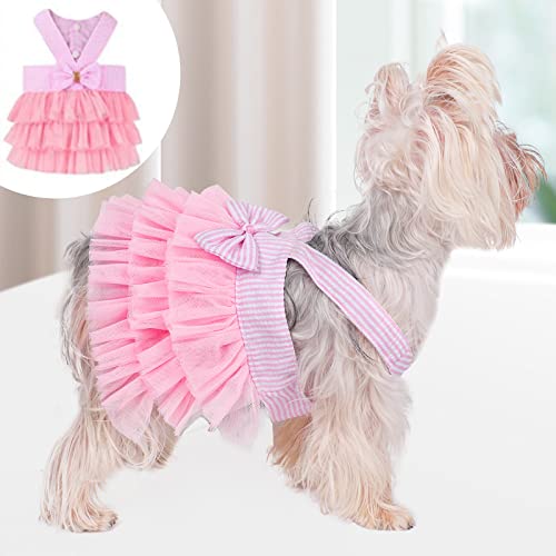 Dog Dress Holiday Party Dog Dresses For Small Dogs Girl Pet Puppy Summer Clothes Striped Mesh Doggie Princess Dresses Cat Apparel Pink Skirt Outfits Clothing For Yorkie Chihuahua Teacup #TOP4