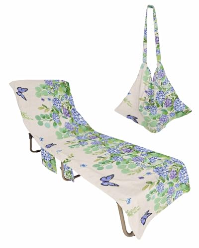 Purple Floral Beach Chair Towel Covers for Chaise Lounge with Side Pocket, Soft Plush Pool Towels Cover for Patio Sunbathing Outdoor 29''x85'' Vintage Eucalyptus Leaves Flower Summer Beige