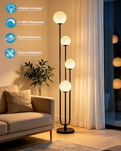 Image of Lightdot Black Globe Floor Lamp 4-Lights Dimmable Floor Lamps with Tray 3000K Bulbs Included Unique Candle Standing Lamp with Grey Shade for Living Room /Bedroom /Sofa Beside /Corner Decor