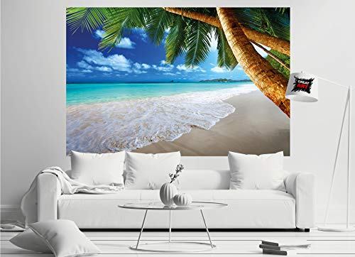 Great Art Poster – Palm Beach ‒ Picture Decoration Caribbean Dream Bay Paradise Island Tropical Coconut Trees Ocean Holiday Blue Sky Image Photo Decor Wall Mural (55X39.4In - 140X100Cm) #TOP3
