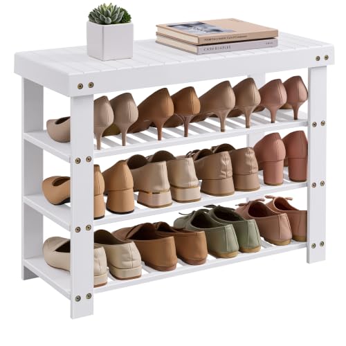 Image of SONGMICS Bamboo Shoe Bench with Seat, 11.3 x 27.6 x 20.5 Inches | Entryway Organizer for Bedroom, Cloud White, Bambou Collection ULBS370W101