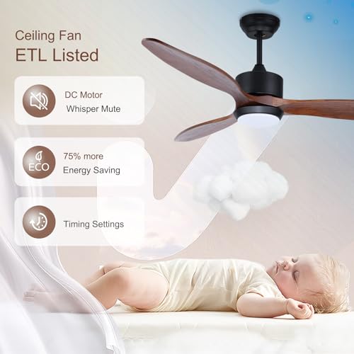 Ovlaim 52 Inch Wood Ceiling Fans with Lights Remote Control, 3 Blade Smart Ceiling Fan for Bedroom Living Room Patio Indoor Outdoor, ETL Listed High CFM Quiet DC Motor - Image 4