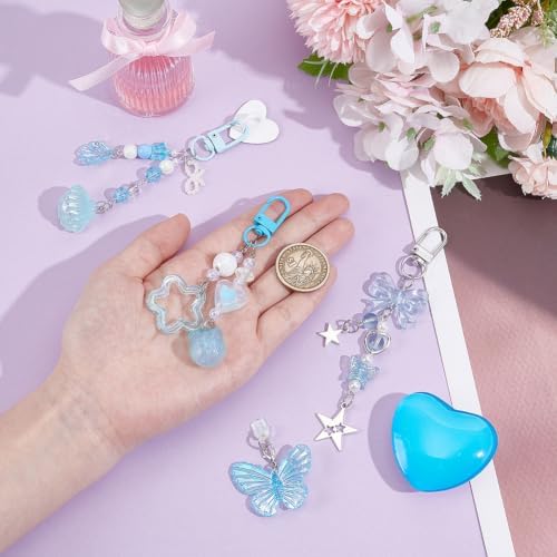 NBEADS Cute Charms Set, Coquette Aesthetic Accessories with Heart Grip Holder Dust Plug 3 Styles Bow Pendant Keychains with Heart Ring Holder for DIY E-Reader Phone Case Decor, Deep Sky Blue - 2