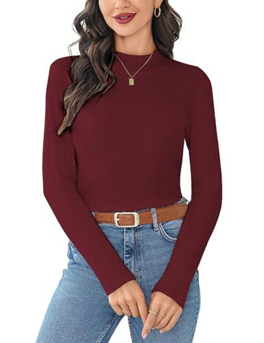 Wayleb Maglione Lavorato a Maglia da Donna, Maglioni Pullover Dolcevita Manica Lunga Elegante Maglioncino Dolcevita Leggero Lupetto Aderente Basic Top Primavera Autunno, Vino Rosso M
