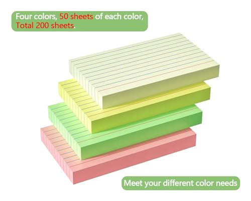 200 PCS Colored Index Cards 3x5, Ruled Index Cards, Flash Cards for Studying, Heavy Note Cards for Office, Home and School,Light Red/Green/Yellow/Beige 4 Colors, 50 PCS of Each Color