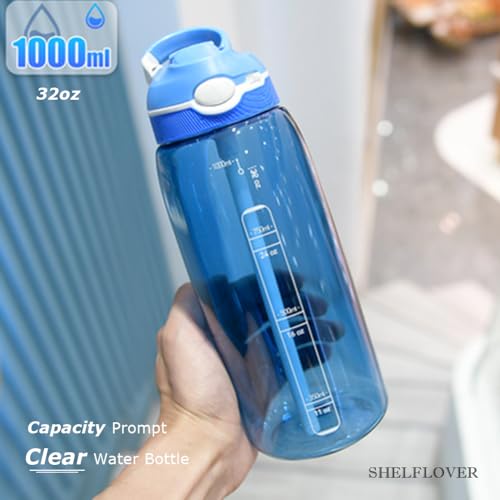 SHELFLOVER 32oz Light Blue Water Bottle With Straw, BPA FREE Clear Bottle With Handle One Hand Use Easy Carried, Flip Up, Suit School, Office, Gym, Office. - image 2