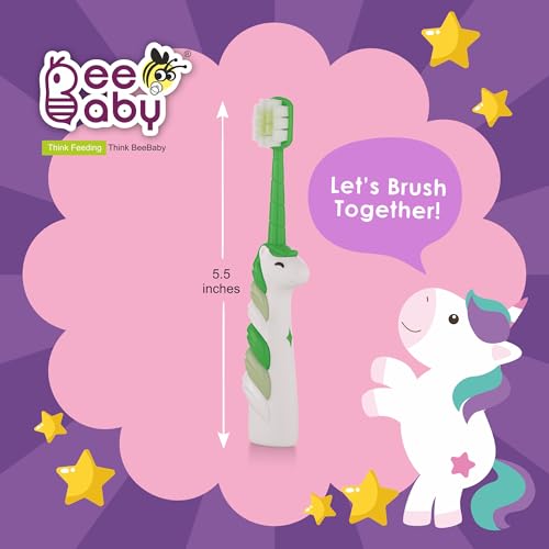 Image of BeeBaby Brush Buddy Baby Toothbrush for Kids 3-6 Years, Ultra Soft Tapered Bristles Toddler Toothbrush for Milk & Permanent Teeth, BPA Free Easy Grip Toothbrush for Sensitive Gums - Green Unicorn