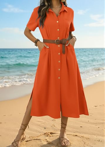 Image of Zeagoo Women Dresses Summer Casual Short Sleeve Button Down Shirt Dresses 2026 Beach Cover Up with Pockets