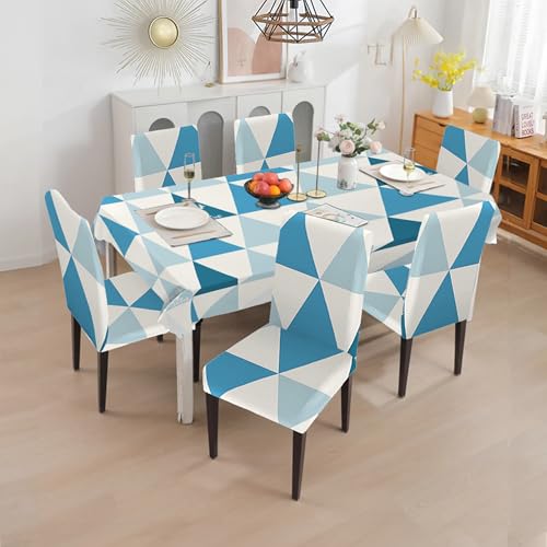 Image of Amazon Basics Dining Table Cover with 6 Chair Covers|Table Cover: 100% Polyester Woven Fabric 140 GSM, 220Cm X 140Cm|Chair Cover: 95% Polyester & 5% Spandex 110 GSM, 50Cm X 40Cm|Sky Blue, Rectangular