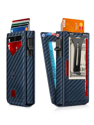 Image of Wallet for Men, Slim Minimalist Wallet with Money Clip&ID Window, RFID Blocking Pop-Up Credit Card Holder, Smart Auminum Mens Wallet Holds 9-13 Cards (Gift Box) (Blue Carbon Fiber)