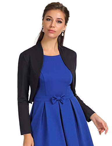 Belle Poque Lady Long Sleeve Bolero Jacket Cropped Shrug Bolero Cotton Cover Up (Black,M)