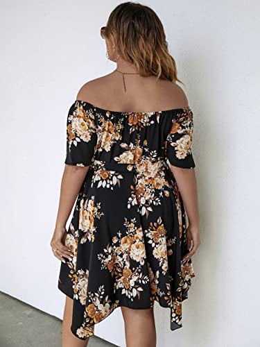Makemechic Women's Plus Size Floral Ruffle Off Shoulder Short Sleeve A Line Summer Short Dress With Belt Black 1Xl #TOP1