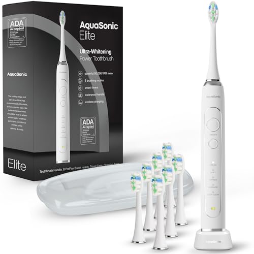Image of Aquasonic Elite Ultra-Whitening Toothbrush - ADA Accepted Power Toothbrush - 8 Proflex Brush Heads & Travel Case - 50,000 VPM Motor & Wireless Charging - 5 Modes w Smart Timer (White)