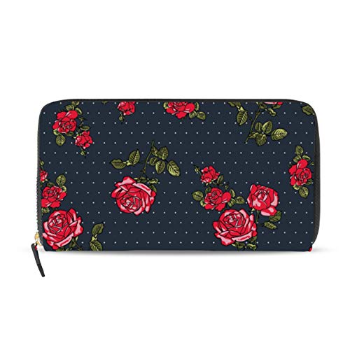 Portefeuille Long en Cuir pour Femme avec Fermeture Éclair Motif Fleuri et Pois Chic