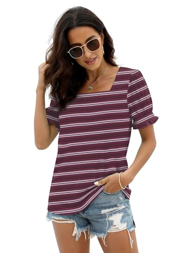 Image of WIHOLL Tops for Women Summer Casual Ruffle Trim Sleeve Square Neck T Shirts