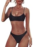 Yonique Women Thong Brazilian Bikini Set with Padded Scoop Neck Bikini Top Two Piece Bathing Suit Black M