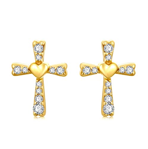 14k Gold Cross Stud Earrings for Women, 14kt Cubic Zirconia Religious Jewelry Confirmation Gifts for Her