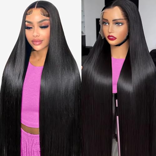 Zlzlblbl 32 Inch 13x6 Lace Front Wigs Human Hair Pre Plucked 100% Human Hair Wig Straight HD Lace Frontal Wigs Glueless Wigs for Women Natural Color