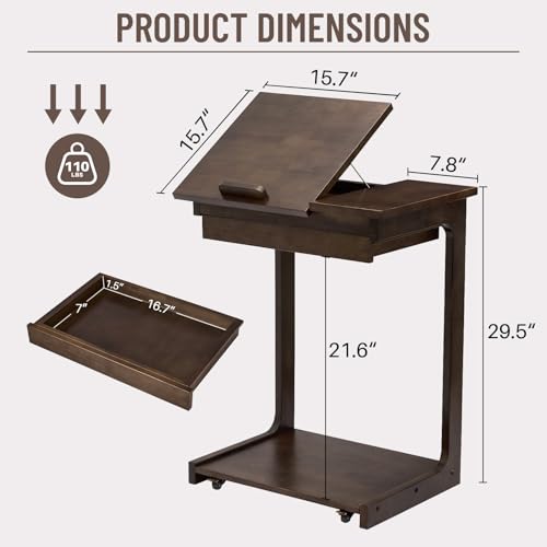 Image of Uniclinens C Shaped End Table for Couch, Rolling Side Table with Wheels Adjustable, Solid Wood TV Sofa Arm Eating Tray Table for Multi-Purpose, Small Coffee Table Living Room Bedroom, Walnut