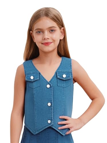 Linjinx Kids Girls Denim Vest Sleeveless Button Down Asymmetrical Hem Jeans Jacket Gilets Waistcoat Tops Outerwear