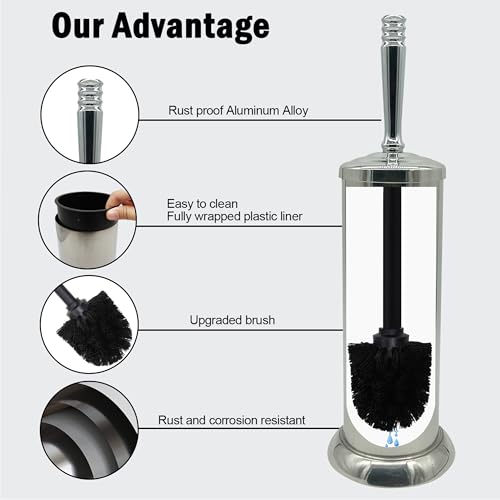 Image of Silver Chrome Toilet Bowl Brush with Holder with Removable lastic Liner, Durable Bathroom Cleaning Tool, Bathroom Cleaner Brush for Efficient Cleaning and Hygiene
