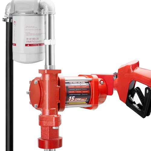 110V AC 15 GPM Fuel Transfer Pump with Discharge Hose Automatic Nozzle Premium Filter Package Suitable for Gasoline Diesel Kerosene Ethanol & Methanol Blends