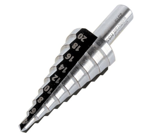 wolfcraft Stufenbohrer HSS für Edelstahl, Stahlbleche, NE-Metalle, Kunststoffe - 2515000 - Stufendurchmesser: Ø 4-20 mm I Arbeitslänge: 42,5 mm I Schaft: Ø 8 mm - Made in Germany