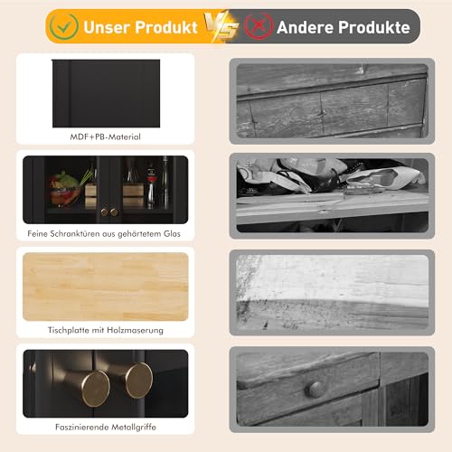 Isla de cocina con ruedas y puertas de cristal, armario de buffet móvil, carrito de servicio con vetas de madera y espacio de almacenamiento, carrito de cocina para comedor, sala de estar, cocina - imagen 5