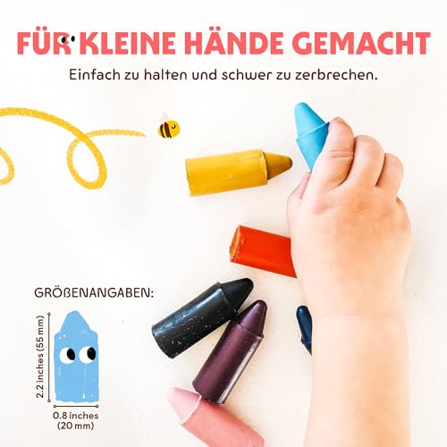 Honeysticks Wachsmalstifte (12er-Pack) - Ungiftige Babymalstifte aus Natürlichem Bienenwachs, Wachsmalstifte Ab 1 Jahr, Leicht zu Greifende Buntstifte Baby, Umweltschonend und Kleinkindfreundlich
