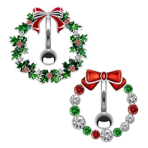 FLOGWE 2 Pcs 14G Stainless Steel Christmas Wreath Belly Button Rings Christmas CZ Belly Button Barbell Rings Body Piercing Jewelry for Women