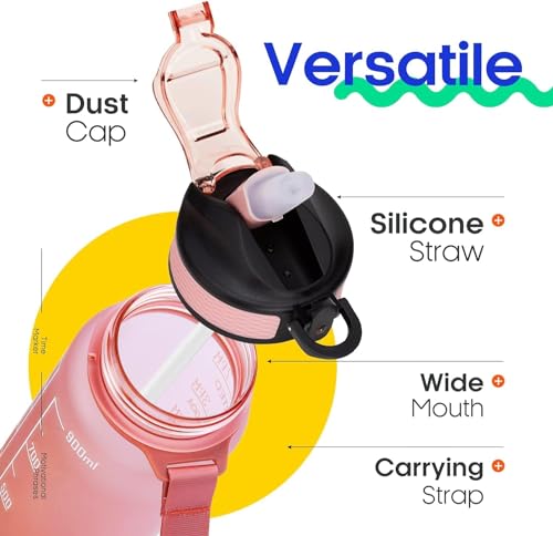 Image of TEKCOOL Motivational 1L Capacity Pink Plastic Bottle with Straw | Leakproof, Durable, BPA-Free | Ideal for School /College /Office /Travel, Sports /Outdoor Activities'