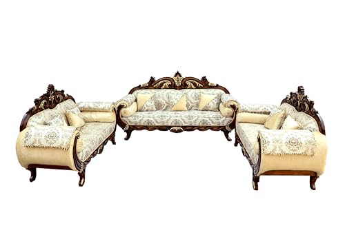 Image of Wooden 10 Seater Sofa Set, Solid Teak Wood Sofa | 3+3+2+2 with Polish Finish | Traditional Design Furniture for Living Room, Home, Hall, Bedroom Seating