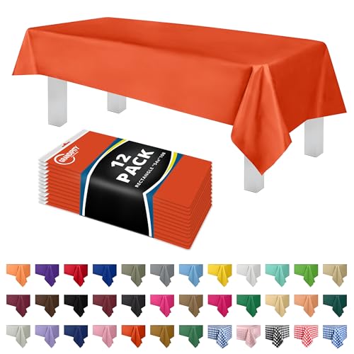 Image of Grandipity Plastic Table Cloth Disposable 12 Pack 54 inch x 108 inch Rectangle | Orange Plastic table covers, durable disposable tablecloths, fade and tear-resistent table cover for party, event