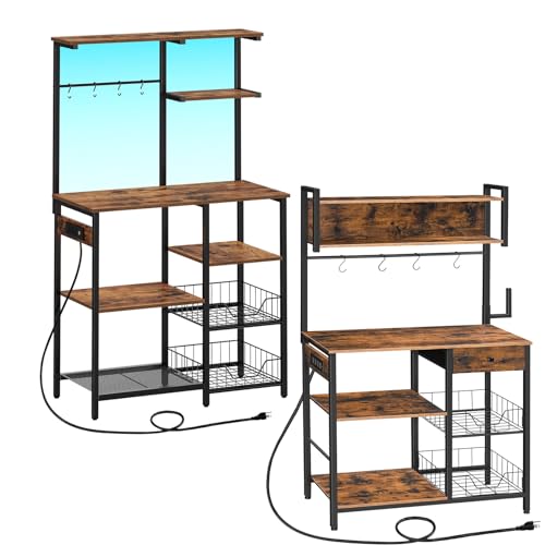 Image of HOOBRO Bakers Rack with Power Outlet and LED Light Strings, Kitchen Storage Shelf with Drawer BF64UDHB01-BF84UHB01