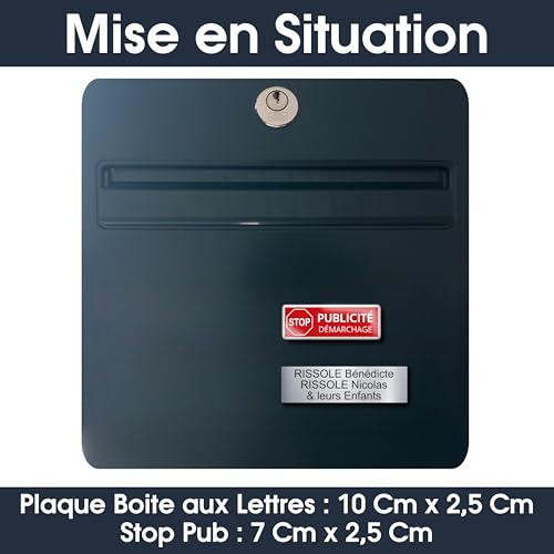 Plaque Boite aux Lettres Personnalisable 10x2,5 cm + Plaque Stop Pub - PVC Adhésif - Étiquette Nom Prénom Famille 3 Lignes - Pas de Publicité Démarchage – vue 2