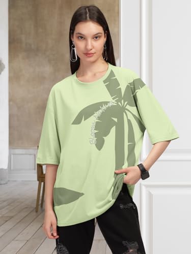 Image of HELLCAT Beige Trendy Printed Oversized T-Shirt for Women