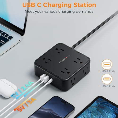 Image of TESSAN Surge Protector Power Strip, 25 Ft Flat Plug Extension Cord with 3 USB (1 USB C) 8 Outlets, 1250W, 900J Protection, 3 Sided Outlet Extender with Power Switch for Office, Dorm Room, Black