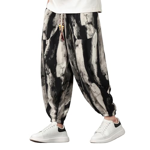 PRIJOUHE Harem Pants for Men Casual Drawstring Yoga Pants Boho Loose Fit Tapered Cropped Trousers with Pockets