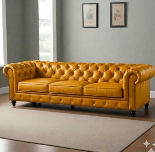 Image of Modern Classic Design Leatherette Luxury Chester Sofa Set with Button Tufted, Sofa for Living Room Home, Office and Lobby (Yellow, 3 Seater Sofa)