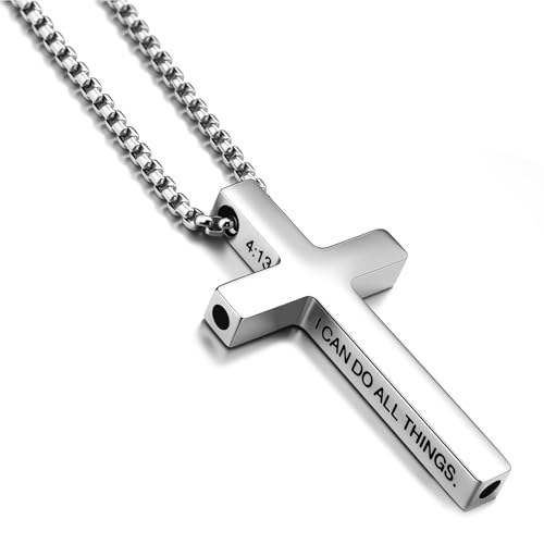 Alissl Cross Breath link Quit Smoking Necklace for Men, Stainless Steel Inspirational Bible Verse Breathlink Stop Smoking Anxiety Necklace Featuring a Vaporless Inhaler Design Sliver 4:13