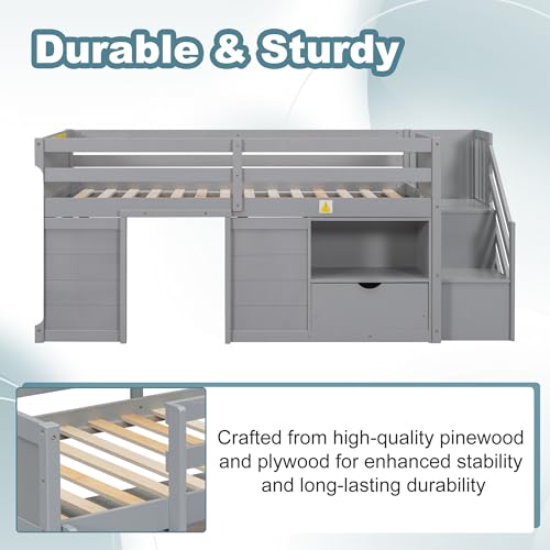 Okak Twin Size Low Loft Bed with Playhouse Loft Bed Frame with Drawer, Shelf,Stairs and Safety Guardrail for Teens, Girls or Boys Loft, Strong Wood Slats Support,Gray
