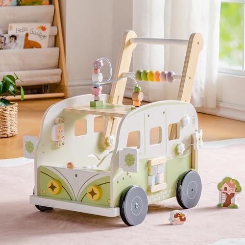 ROBOTIME Andador de madera para bebé, multifunción, con ajuste de altura y control de velocidad, regalo para niños pequeños, 10-36 m, animales de la selva verde