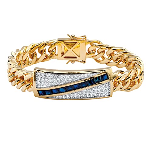 Palmbeach Jewelry Men's Yellow Gold-Plated Square Genuine Blue Sapphire And Round Cubic Zirconia, Diagonal Link Bracelet (16.5Mm), Box Clasp, 8 Inches #TOP13
