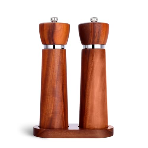 TLYSXPRO Wooden Salt and Pepper Grinder Set – Refillable Salt and Pepper Mill with Adjustable Upgraded Large Size Ceramic Burr – Manual Pepper Grinder with Acacia Wood Body – 8.3” Tall