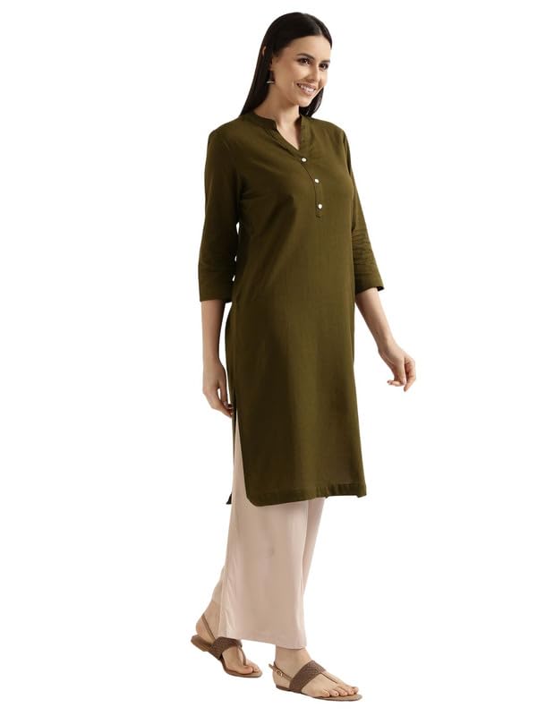 Image of SAADAA Women's Linen Blend Long Kurta with Viscose Palazzo Set | Straight Fit Kurta with Wide Leg Palazzo | Solid Ethnic Co-ord Set for Office & Casual Wear
