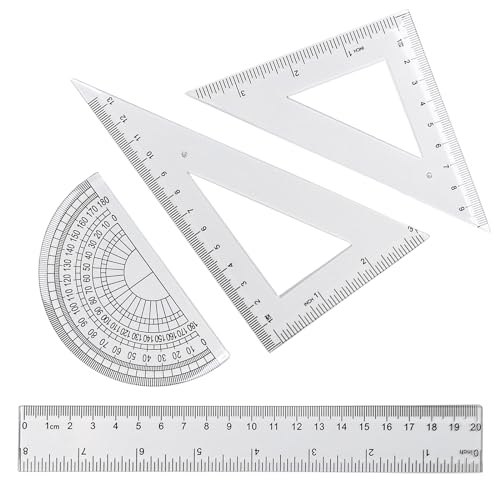 Zotemo 4 Pcs Math Geometry Set, Transparent Plastic Geometry Kit Includes Protractor, Straight Ruler, Triangle Ruler, Clear Measuring Tools, Drafting Ruler for School and Office Supplies