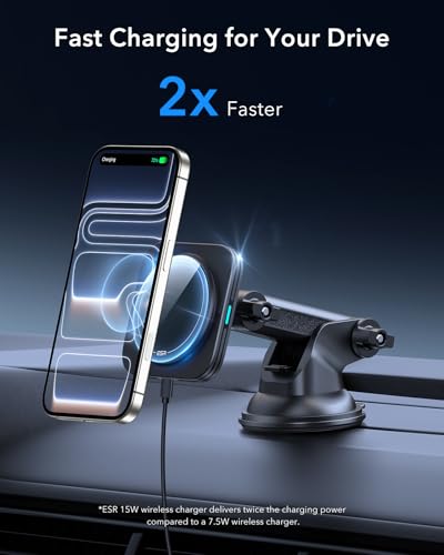 Image of ESR for 15W MagSafe Car Mount Charger, for MagSafe Car Charger, Suction Cup Magnetic Wireless Car Charging, Dashboard Car Phone Mount for iPhone 17e /17 /16 /15 /14 /13 /12, S26 /S25, Pixel 10, Fast Charging